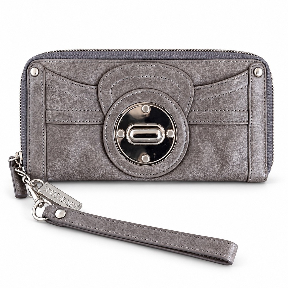 Lockheart Wristlet Wallet Women Gray Distressed Leather Moto Edgy Turnlock Purse